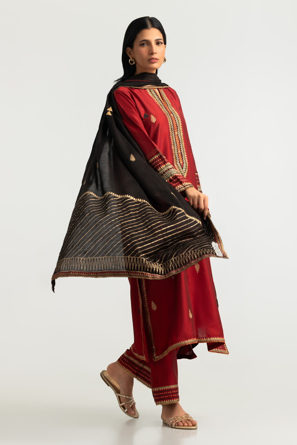 3PC Cotton Silk Embroidered Suit With Block Print