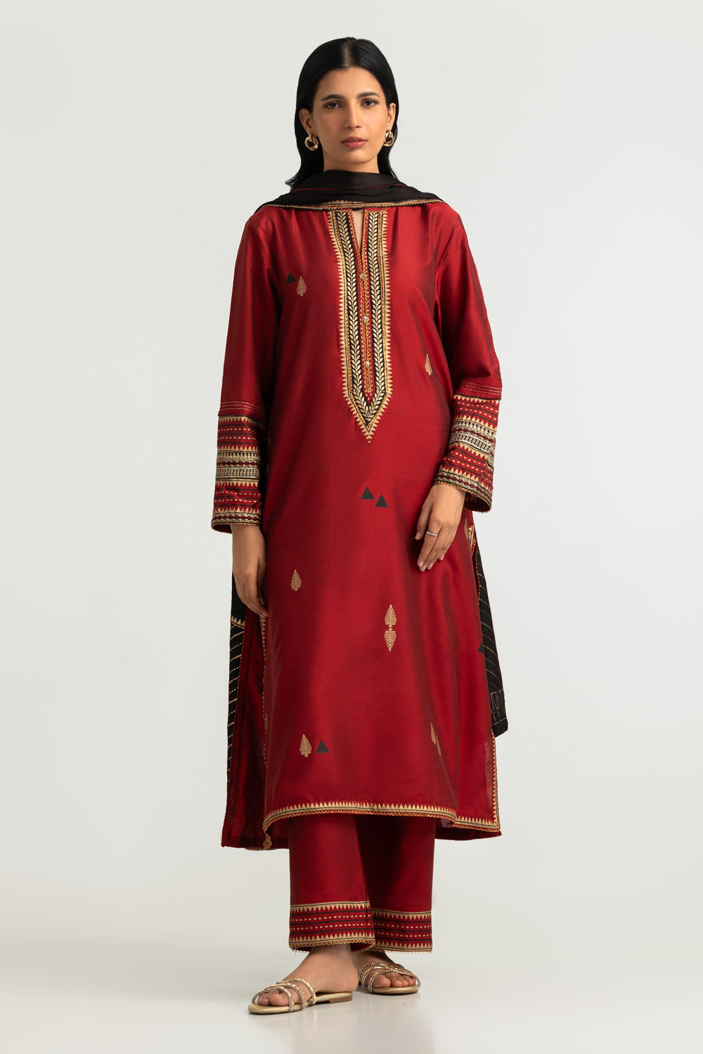 3PC Cotton Silk Embroidered Suit With Block Print