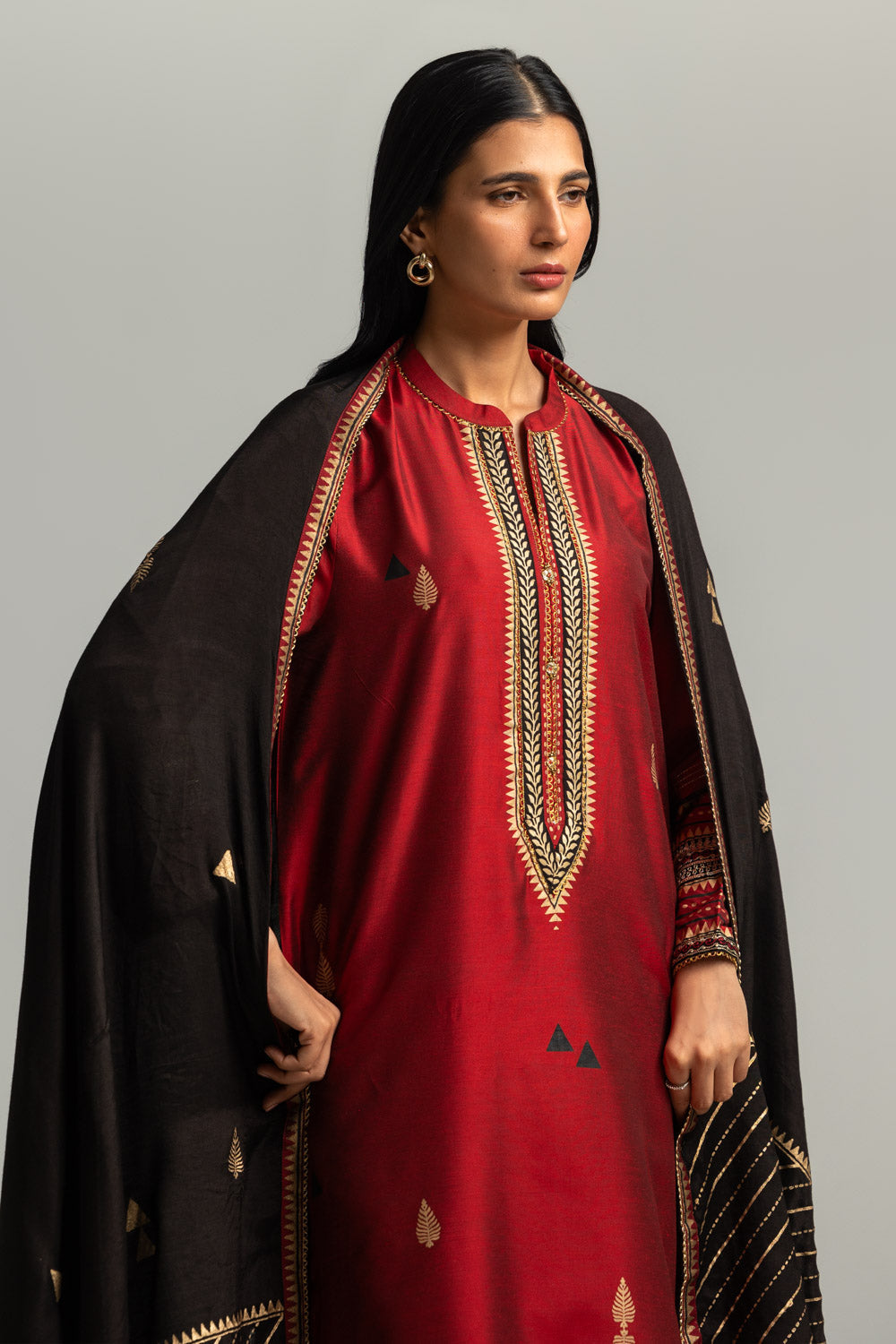 3PC Cotton Silk Embroidered Suit With Block Print