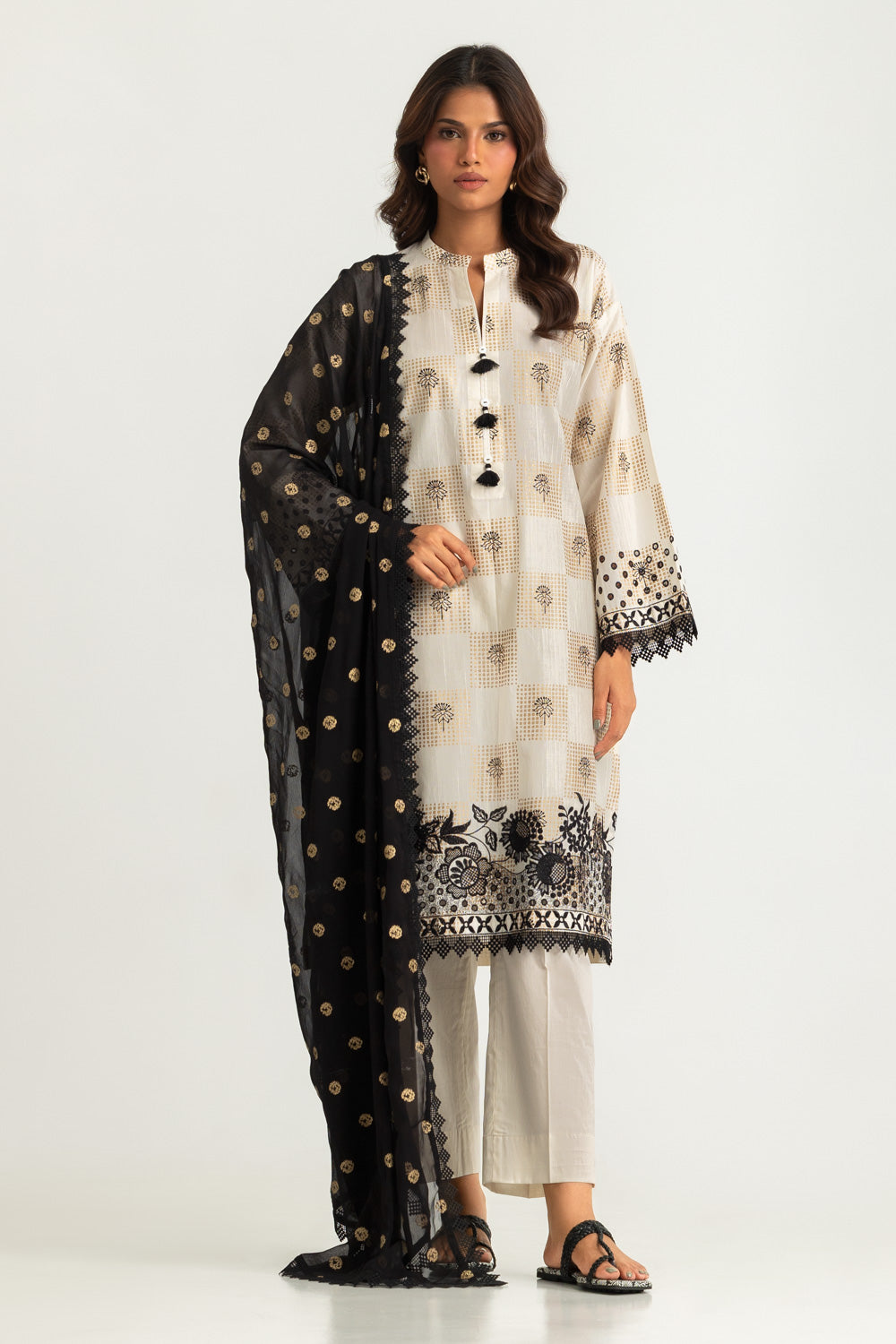 3PC Dobby Slub Gold Printed Embroidered Suit With Gold Printed Chiffon Dupatta