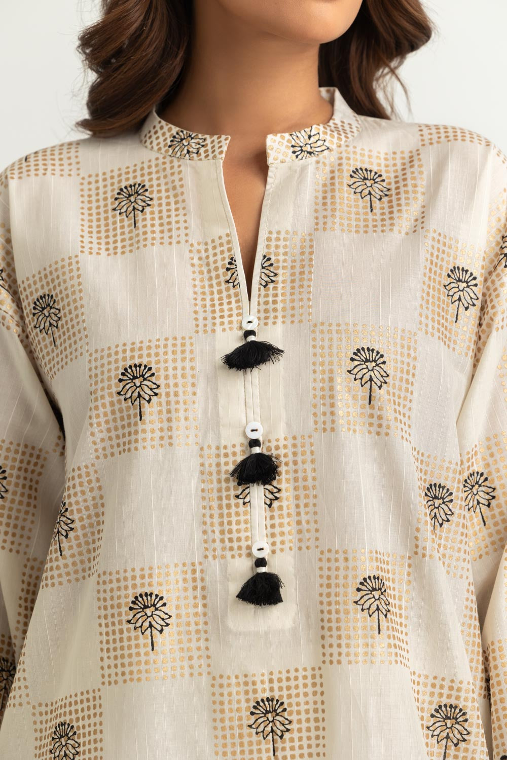 3PC Dobby Slub Gold Printed Embroidered Suit With Gold Printed Chiffon Dupatta