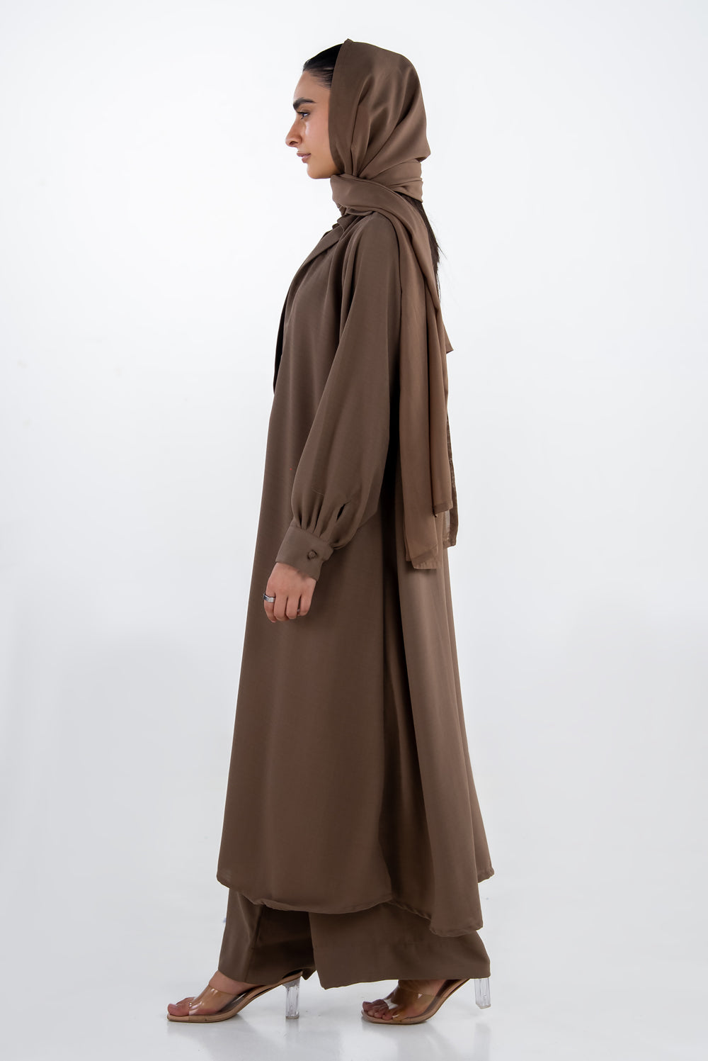 3Pc Georgette Slub Abaya And Trouser With Scarf