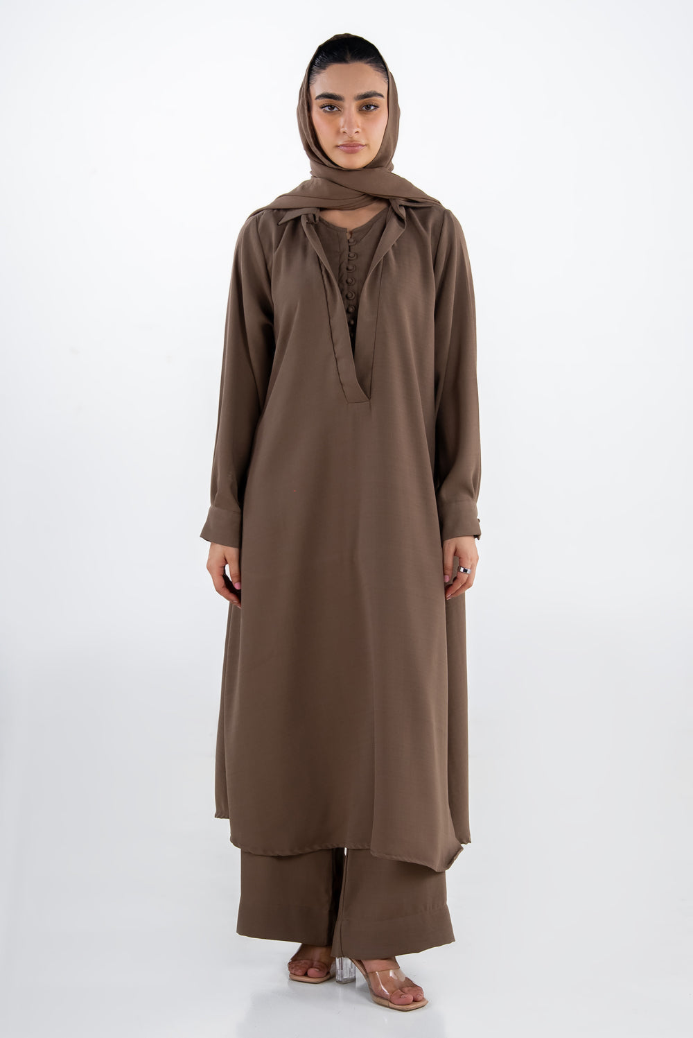 3Pc Georgette Slub Abaya And Trouser With Scarf