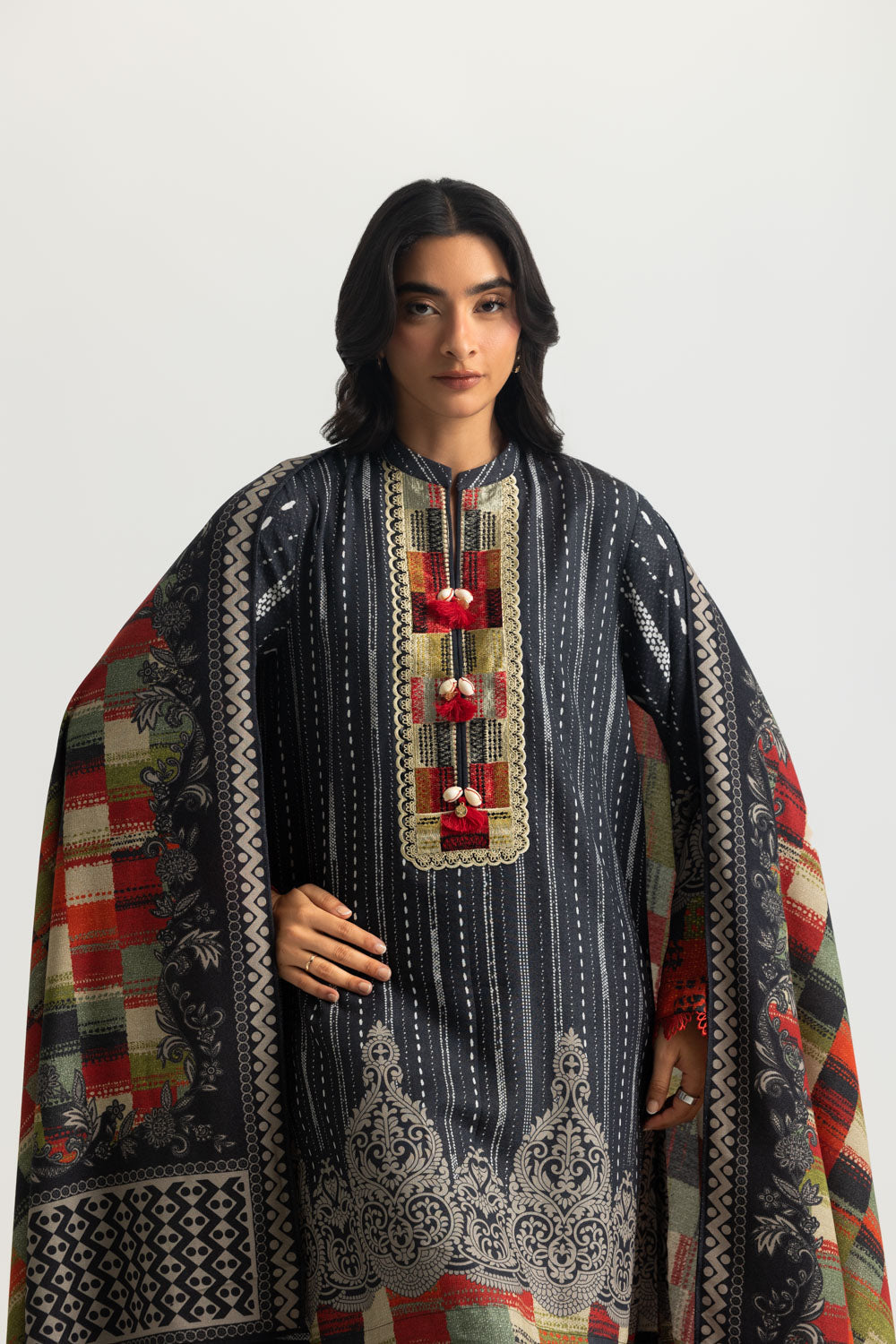 3PC Karandi Printed Suit With Embroidered