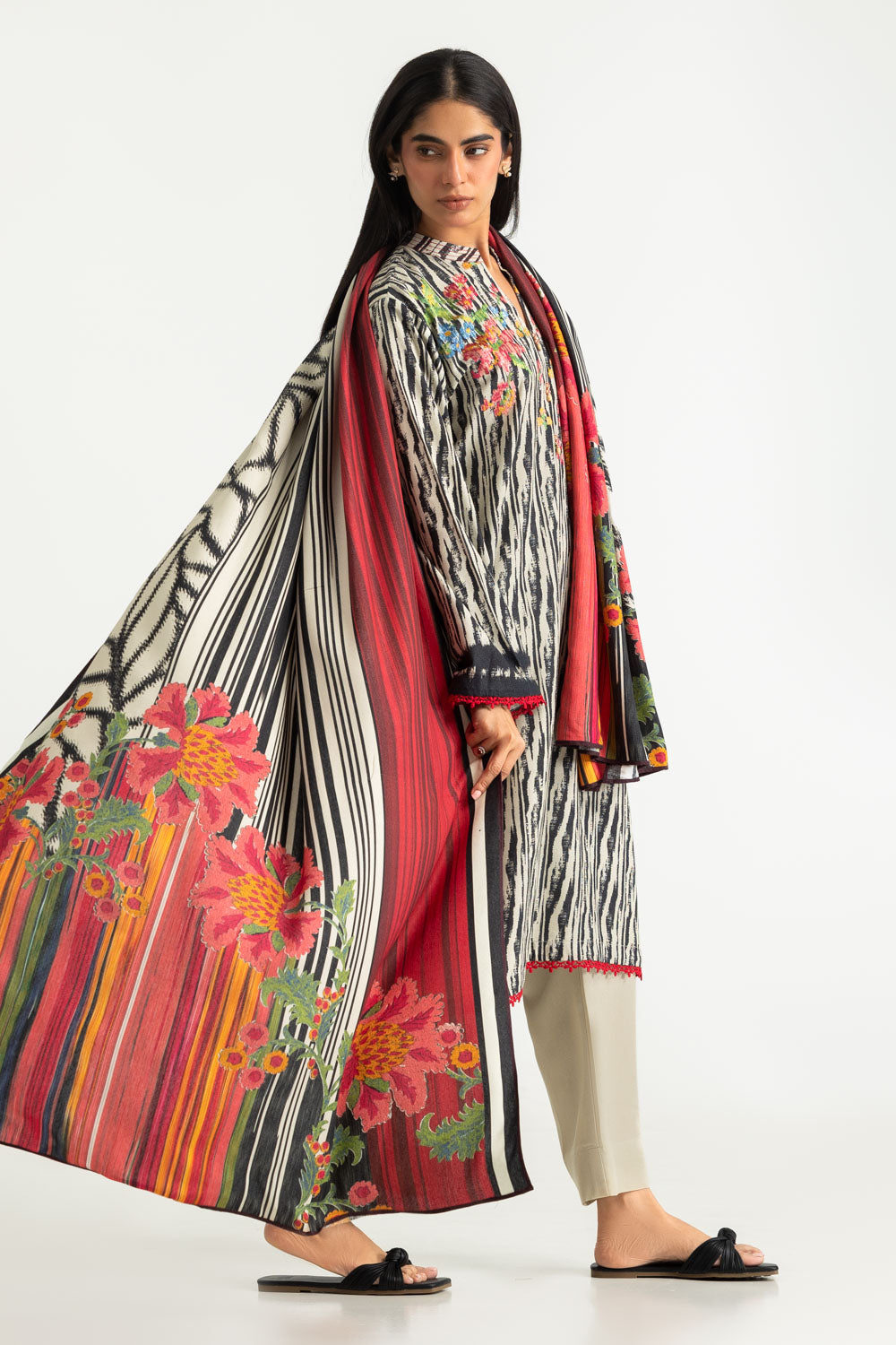 3PC Karandi Printed Suit With Embroidered