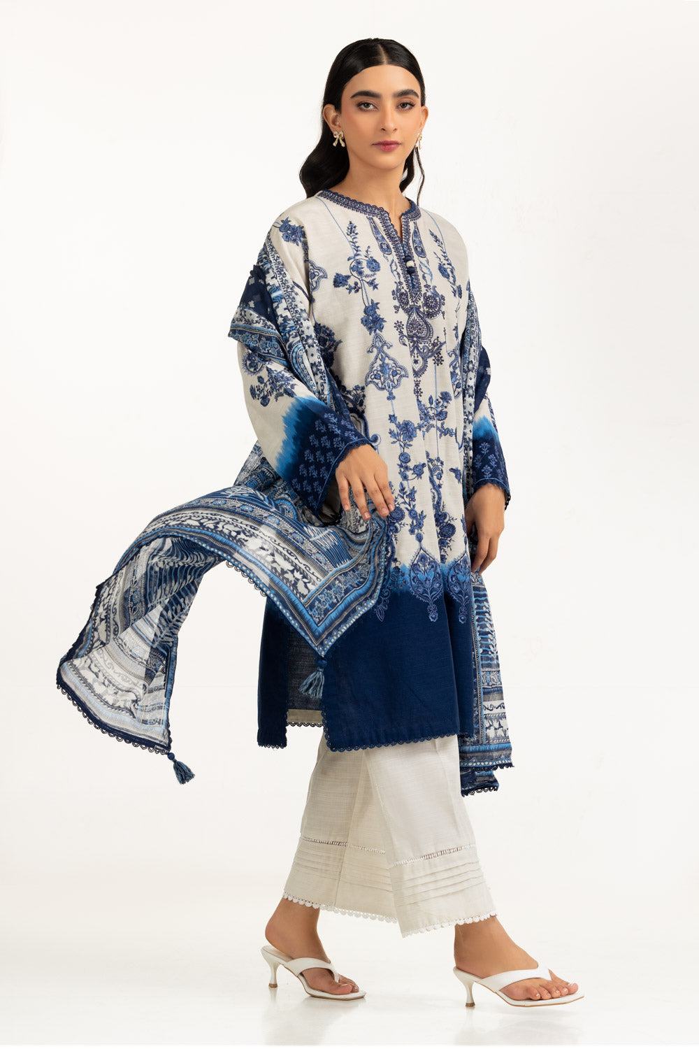 3Pc Khaddar Printed Suit With Embroidered