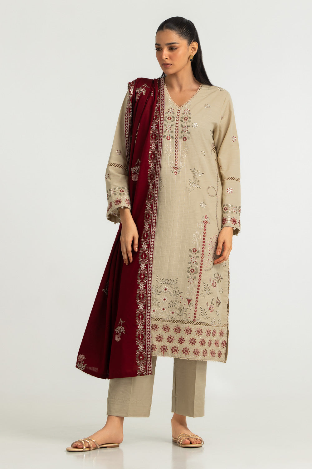 3PC Khaddar Slub Embroidered Suit