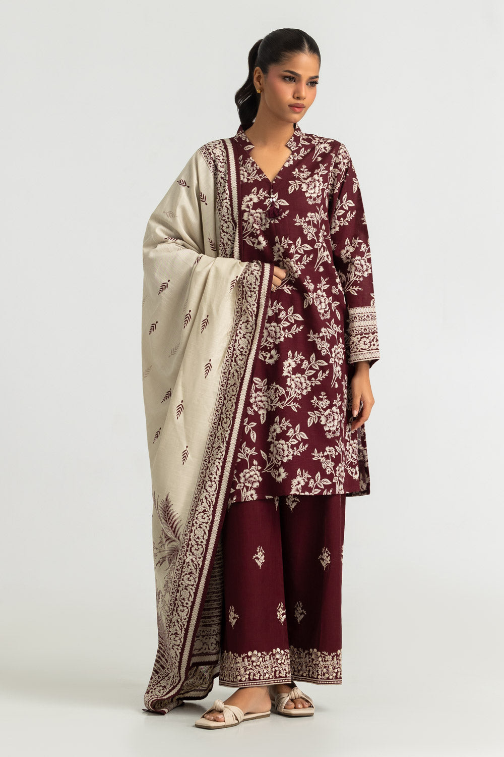 3PC Khaddar Slub Embroidered Suit With Printed