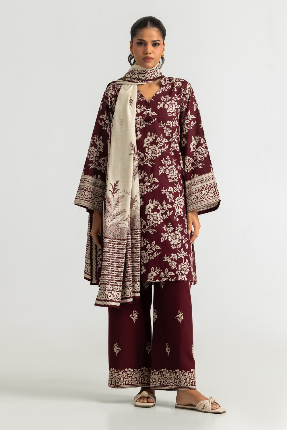 3PC Khaddar Slub Embroidered Suit With Printed