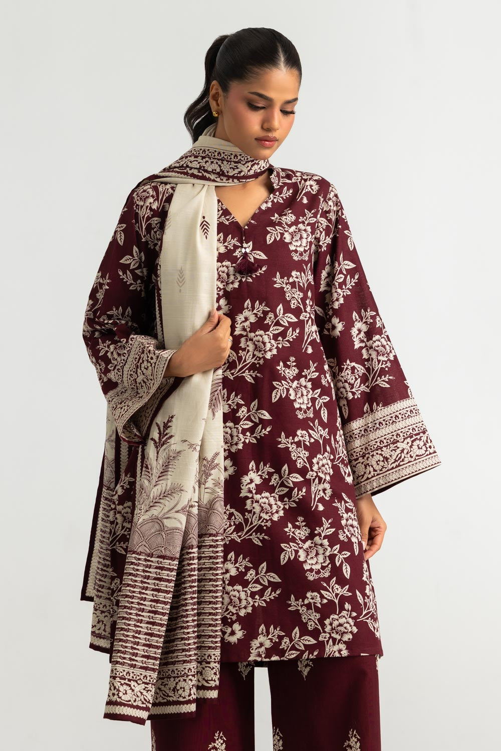 3PC Khaddar Slub Embroidered Suit With Printed
