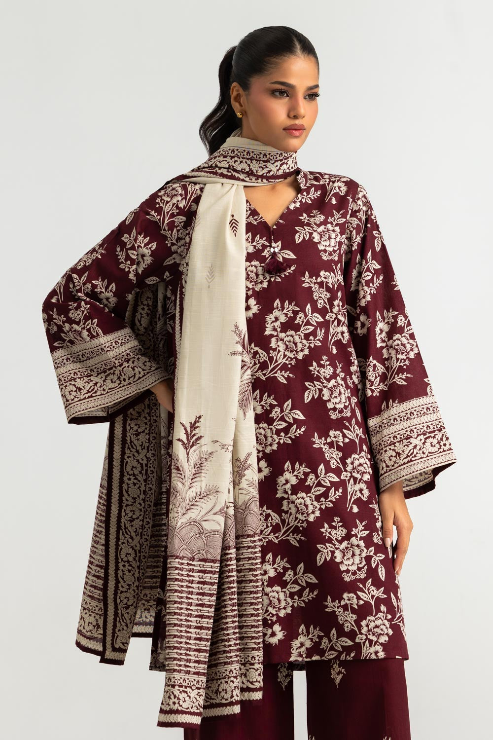 3PC Khaddar Slub Embroidered Suit With Printed