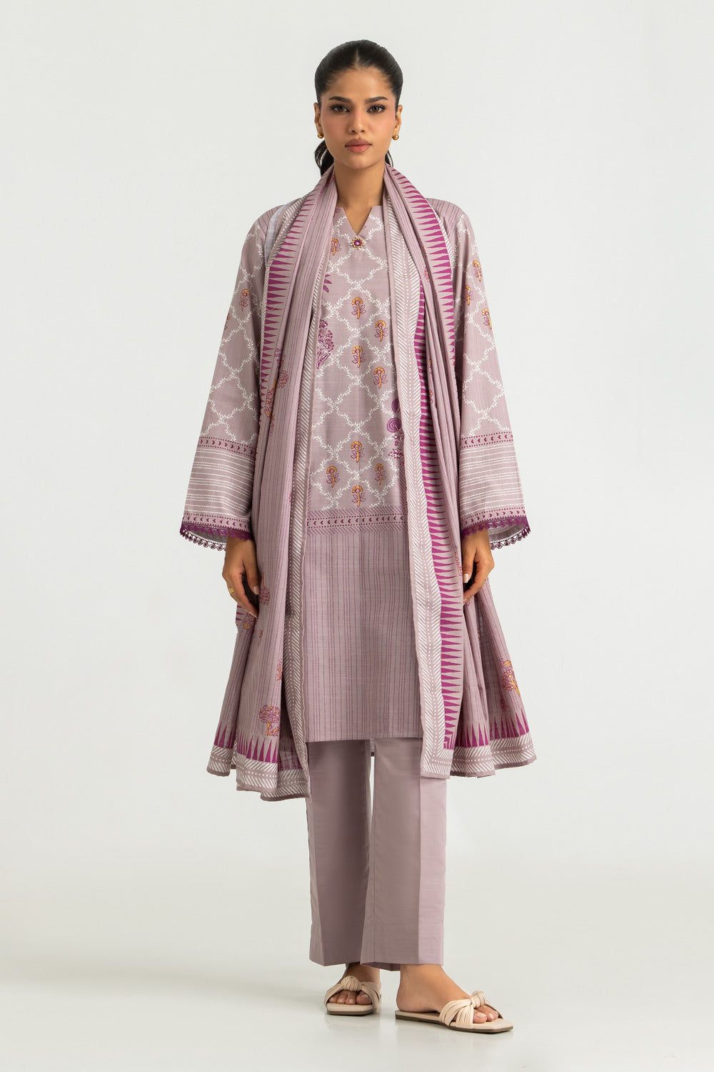 3PC Khaddar Slub Gold Printed Suit