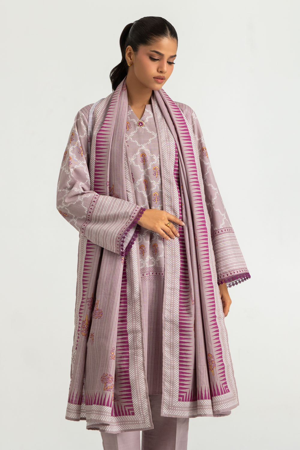3PC Khaddar Slub Gold Printed Suit