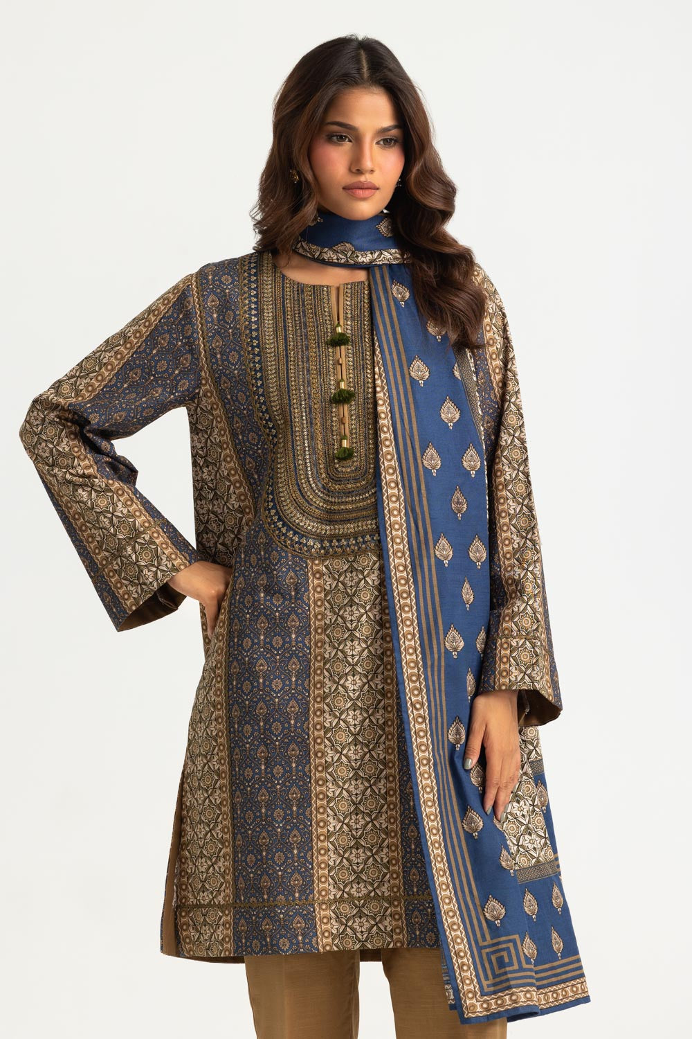 3PC Khaddar Slub Printed Suit With Embroidered