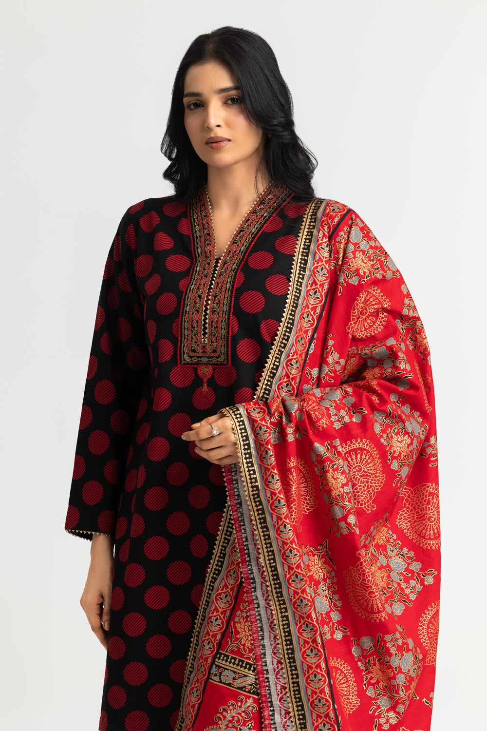 3PC Khaddar Slub Printed Suit With Embroidered
