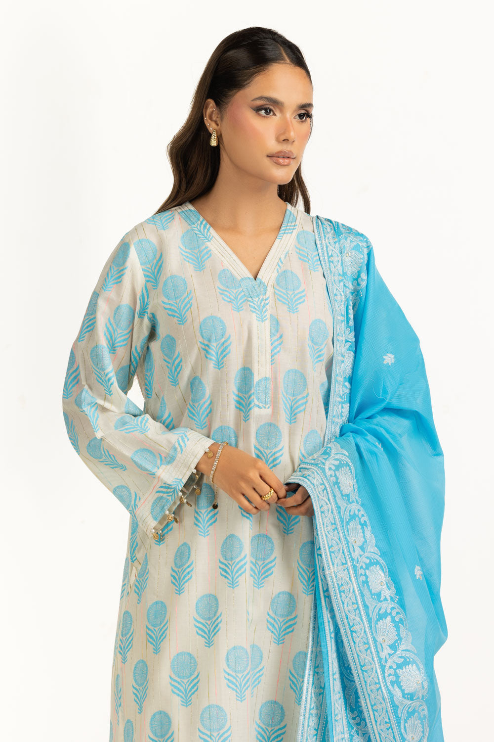 3PC Lacquer Printed Slub Yarn Suit