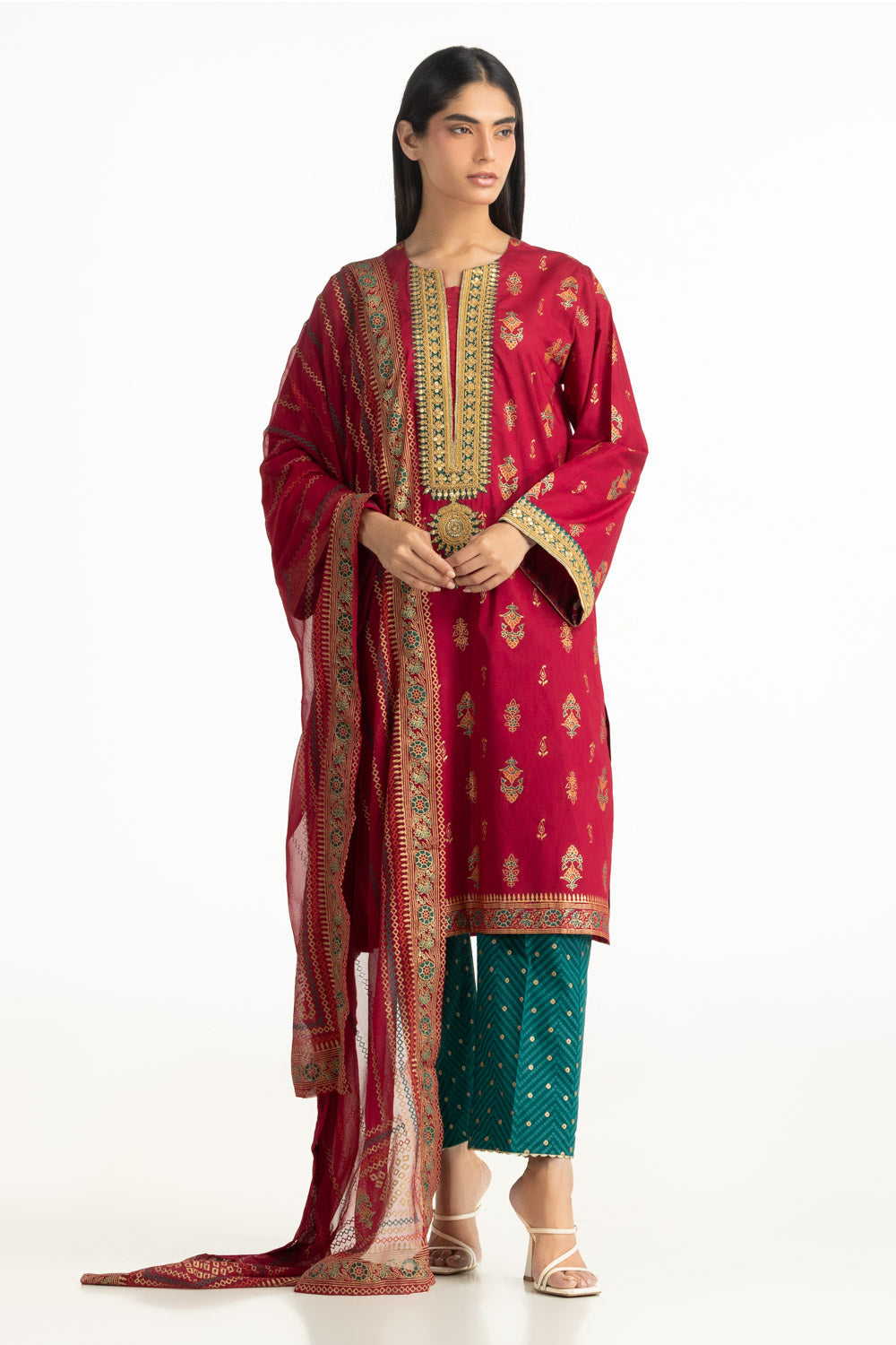 3Pc Lawn Gold And Lacqer Printed Suit With Embroidered