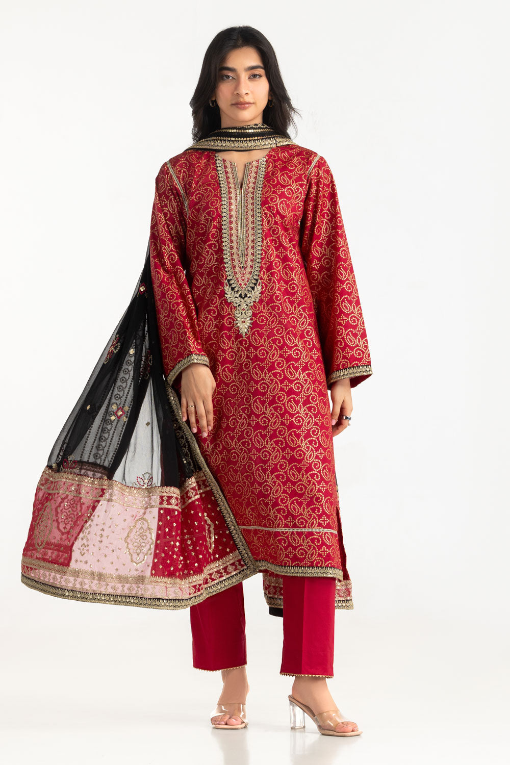 3Pc Lawn Gold Printed Suit With Embroidered