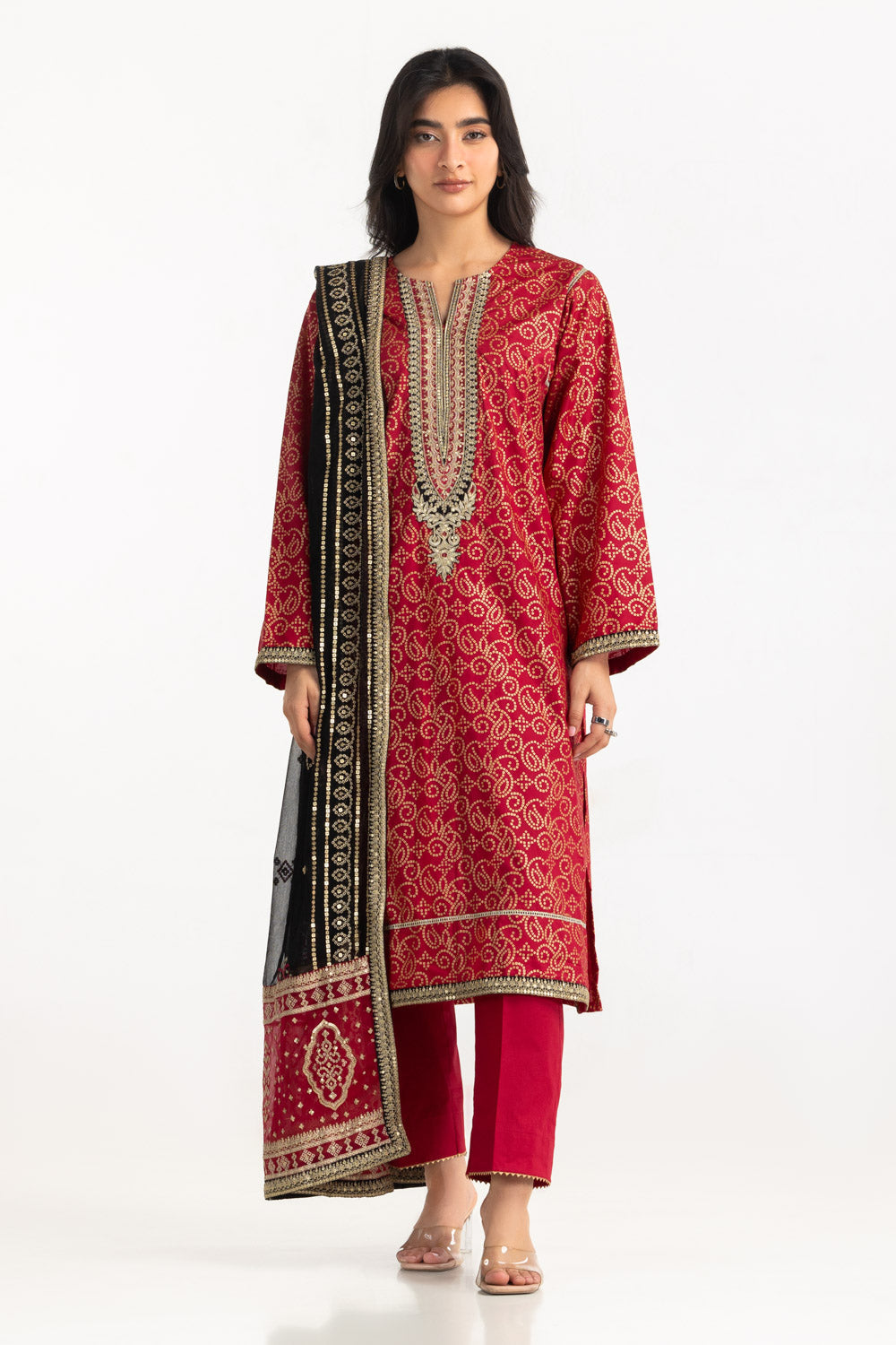 3Pc Lawn Gold Printed Suit With Embroidered