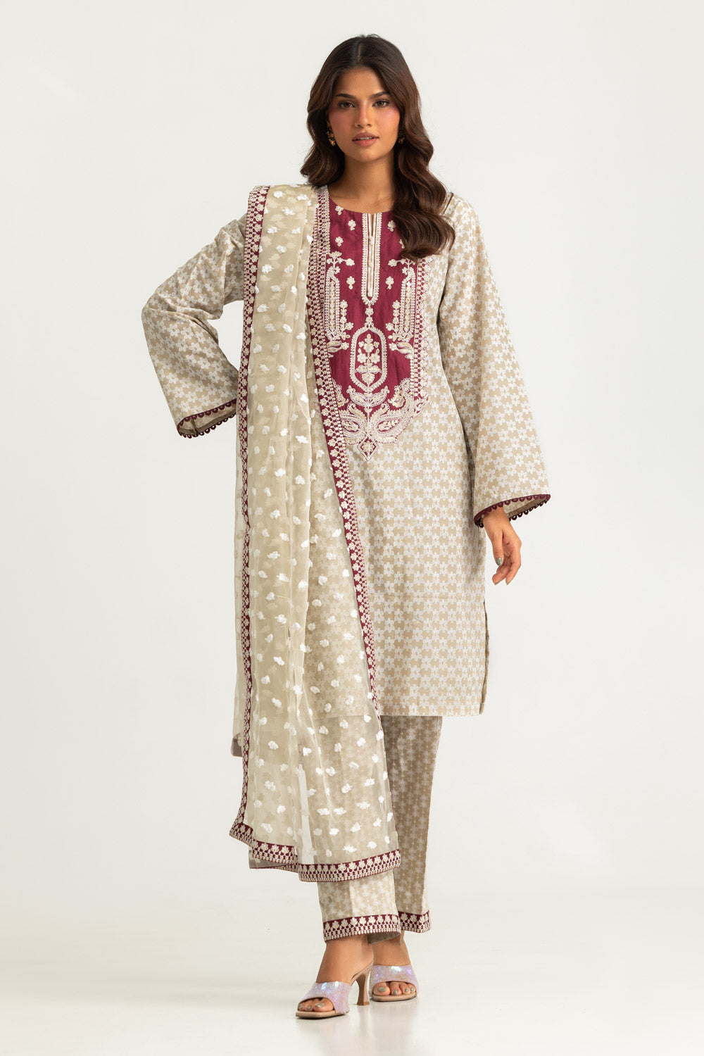 3PC Lawn Lacquer Printed Suit with Embroidered