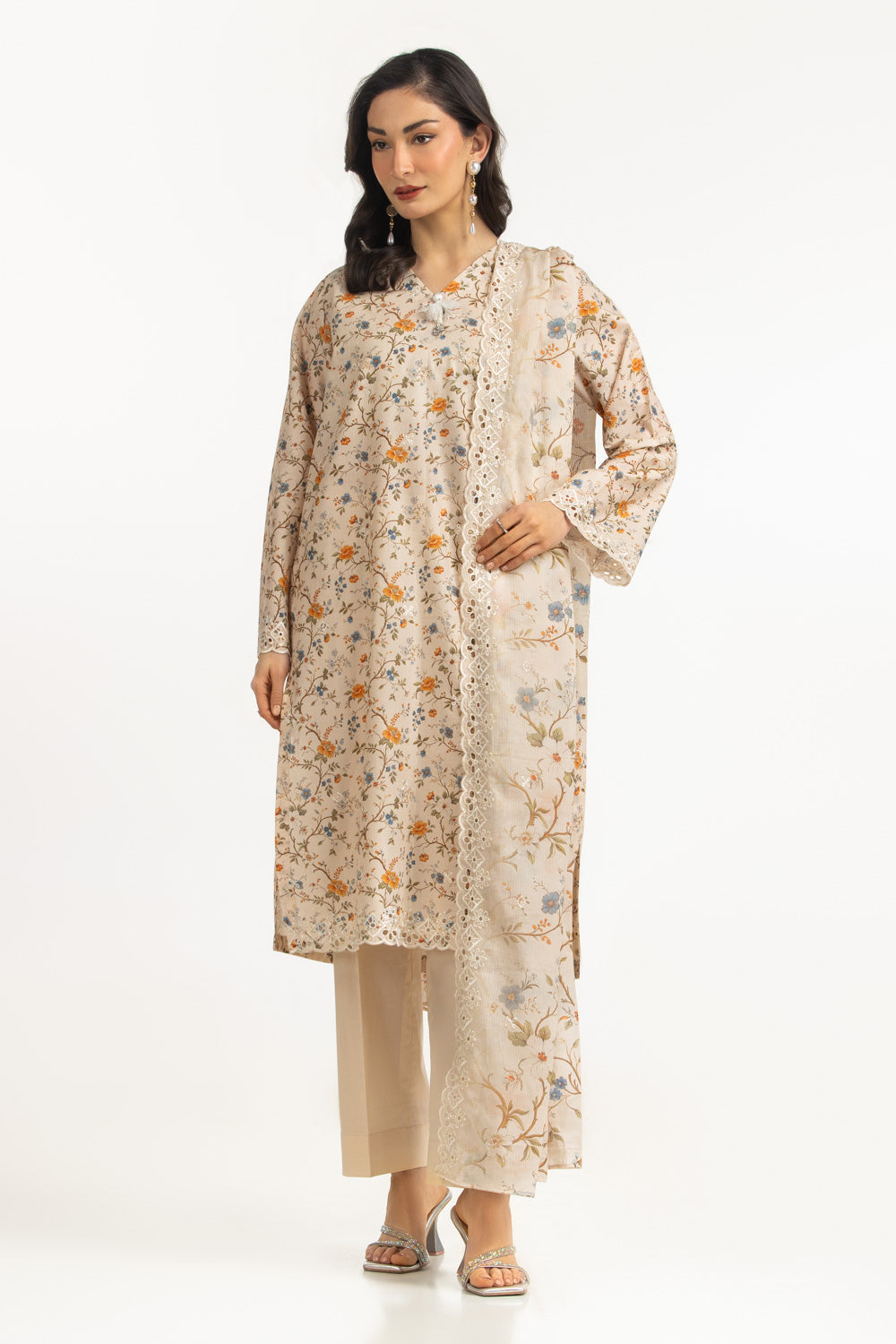 3Pc Lawn Printed Suit With Embroidered