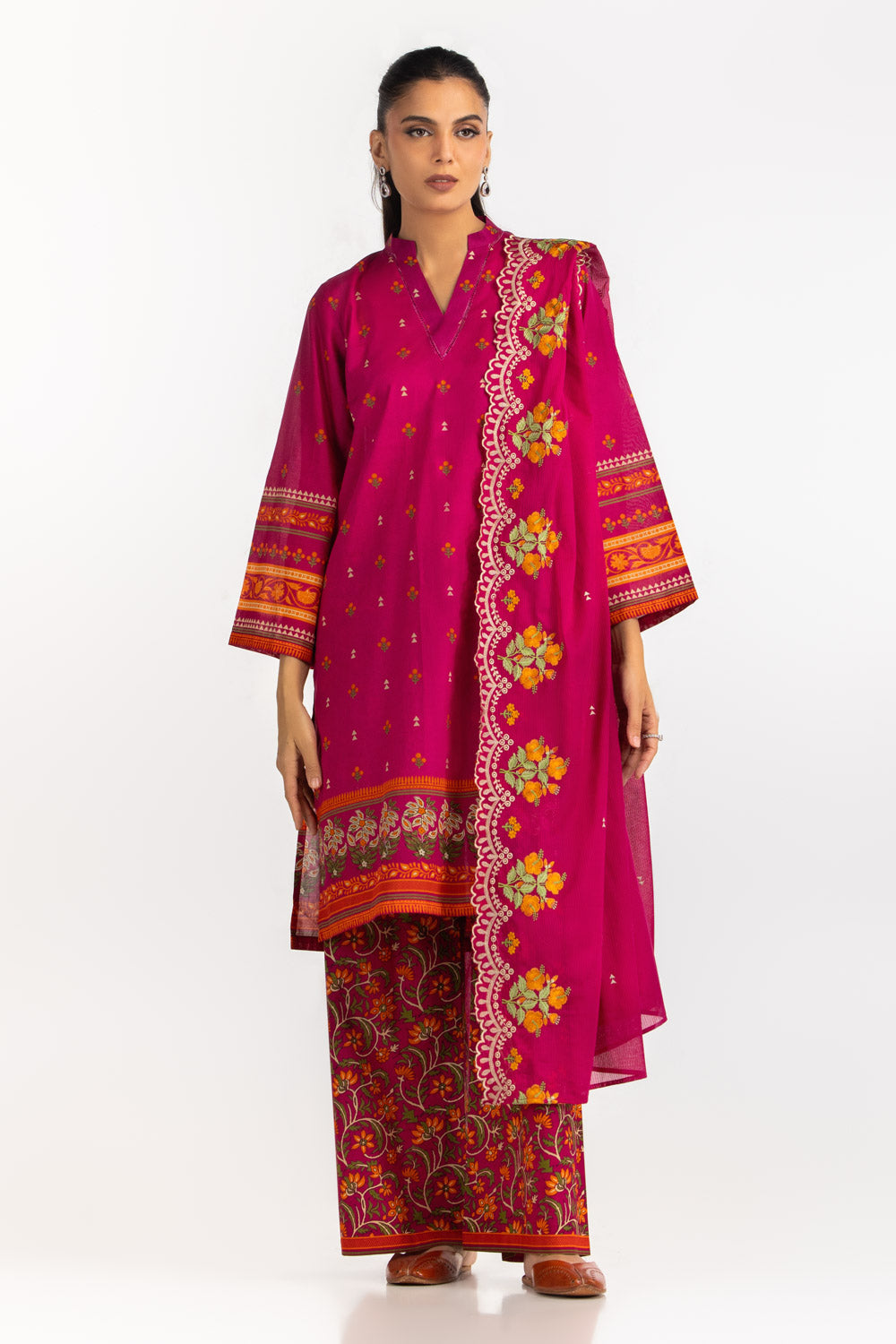 3Pc Lawn Printed Suit With Embroidered
