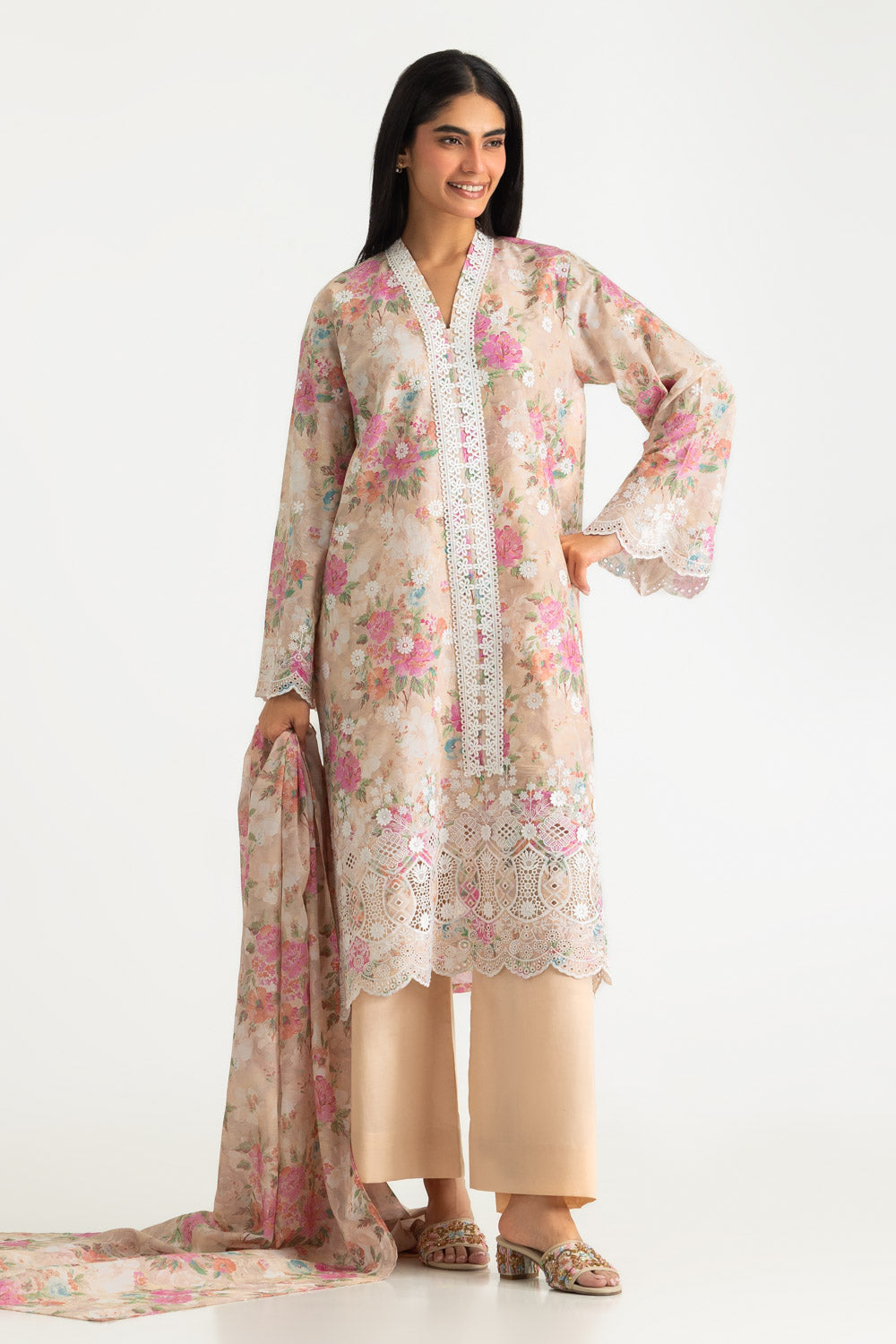 3PC Lawn Printed Suit With Embroidered