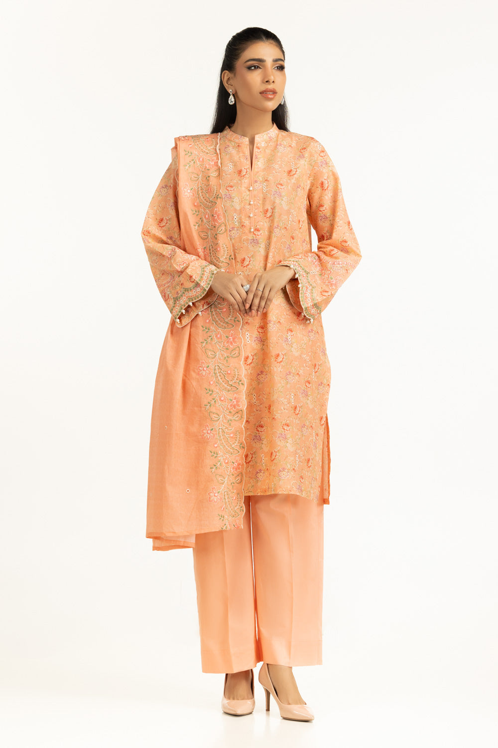 3Pc Lawn Printed Suit With Schiffli Embroiderd