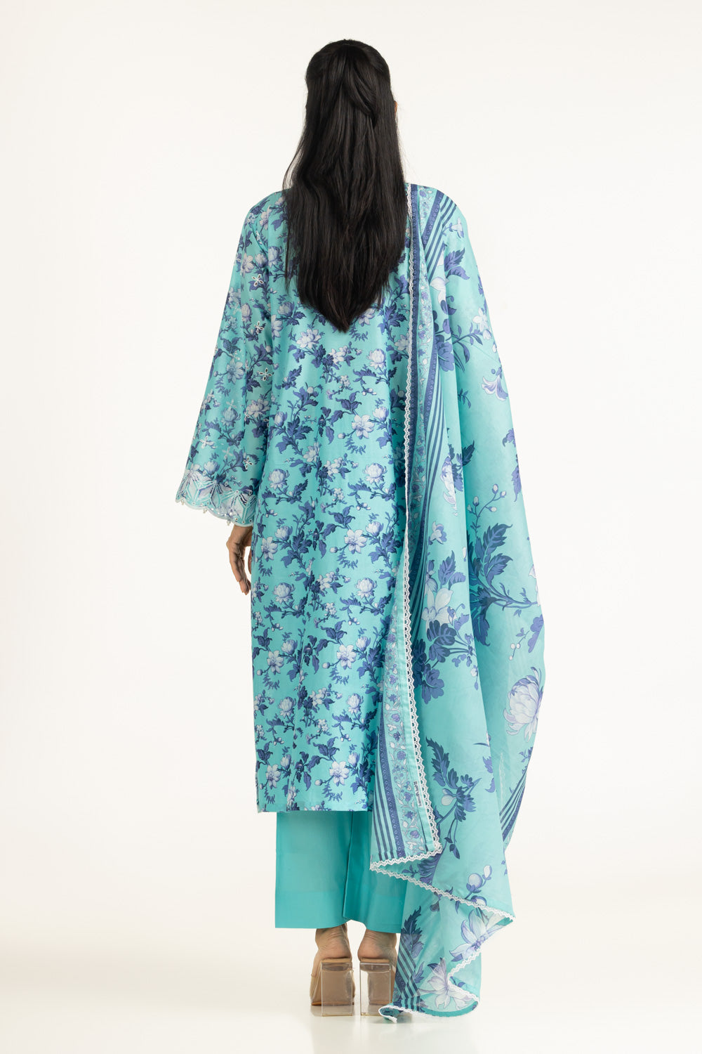 3Pc Lawn Printed Suit With Schiffli Embroiderd