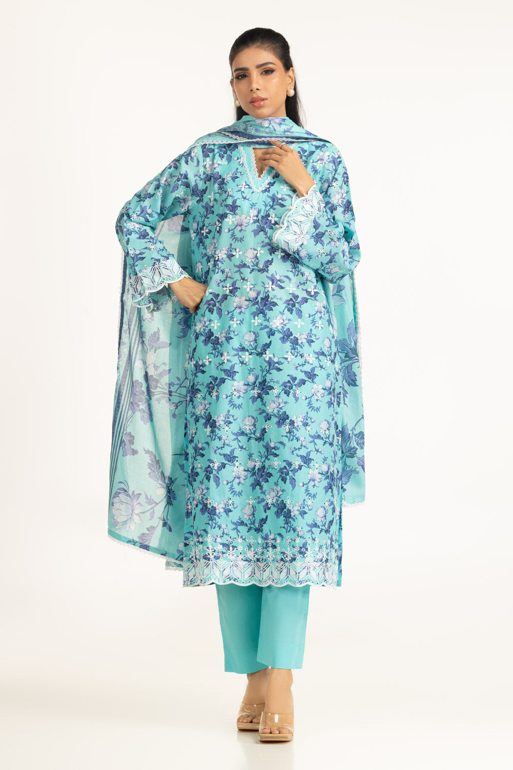 3Pc Lawn Printed Suit With Schiffli Embroiderd
