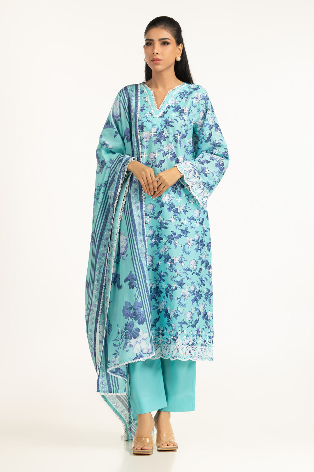 3Pc Lawn Printed Suit With Schiffli Embroiderd