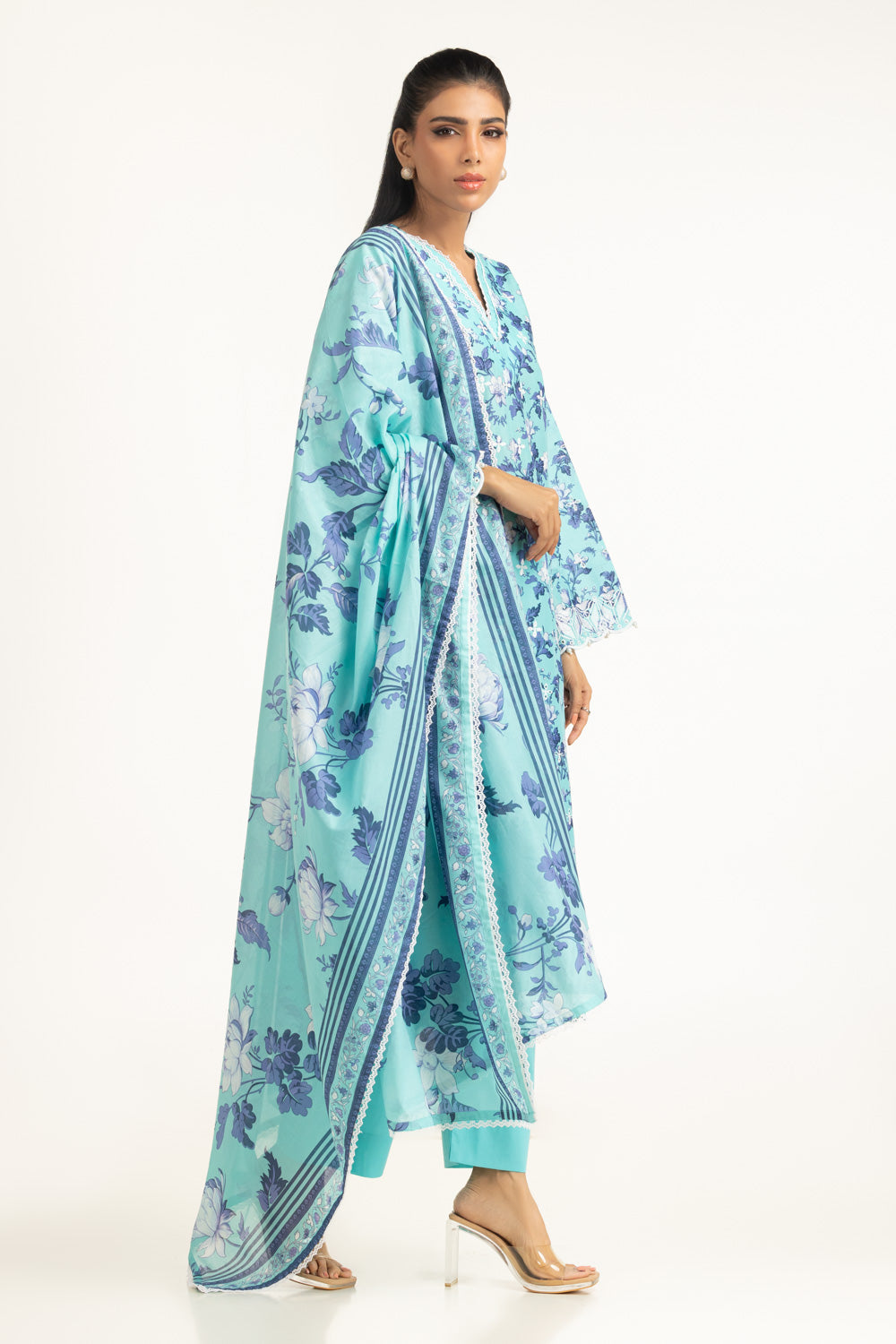 3Pc Lawn Printed Suit With Schiffli Embroiderd
