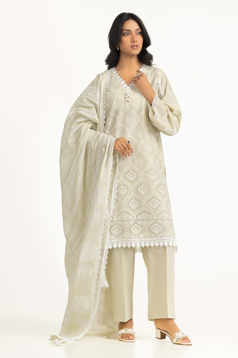 3Pc Lawn Schiffli Embroidered Suit