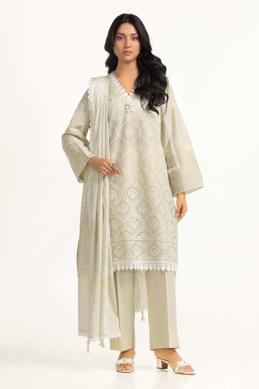 3Pc Lawn Schiffli Embroidered Suit