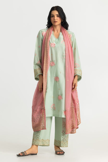 3PC Lawn Zari And Sequins Embroidered Suit With Chiffon Embroidered Dupatta