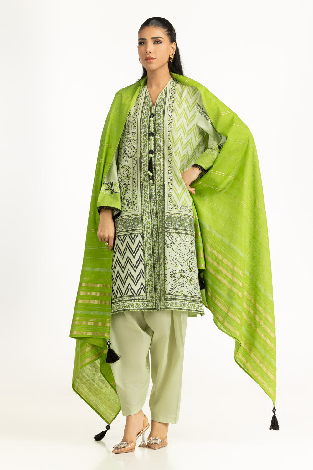 3Pc Lurex Jacquard Printed Suit