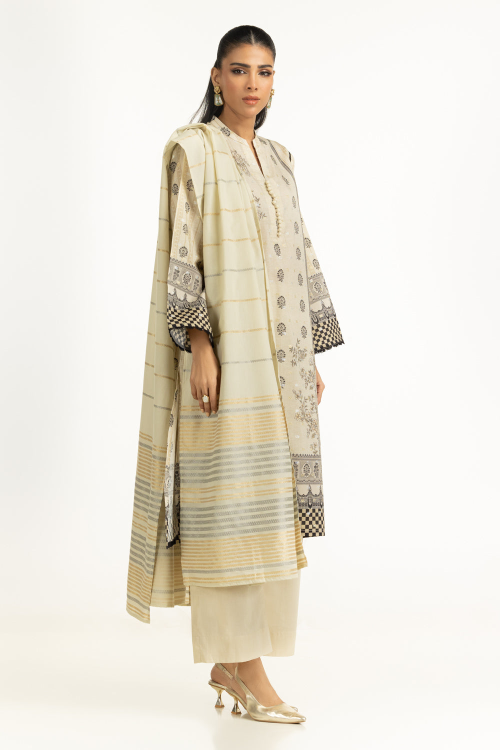 3Pc Lurex Jacquard Printed Suit