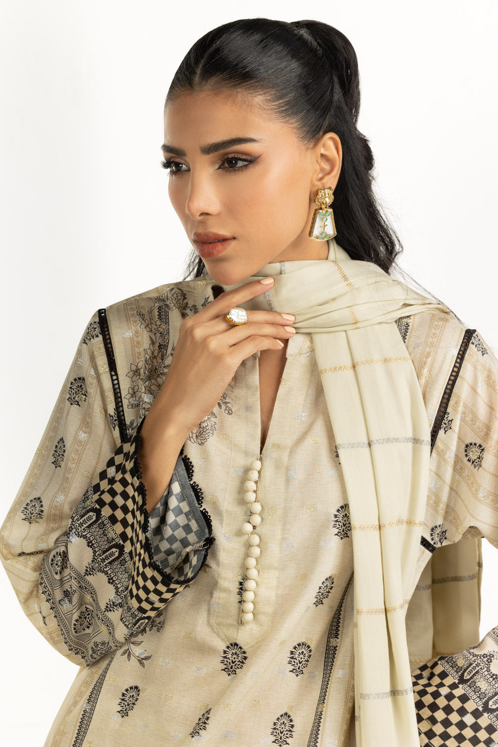 3Pc Lurex Jacquard Printed Suit