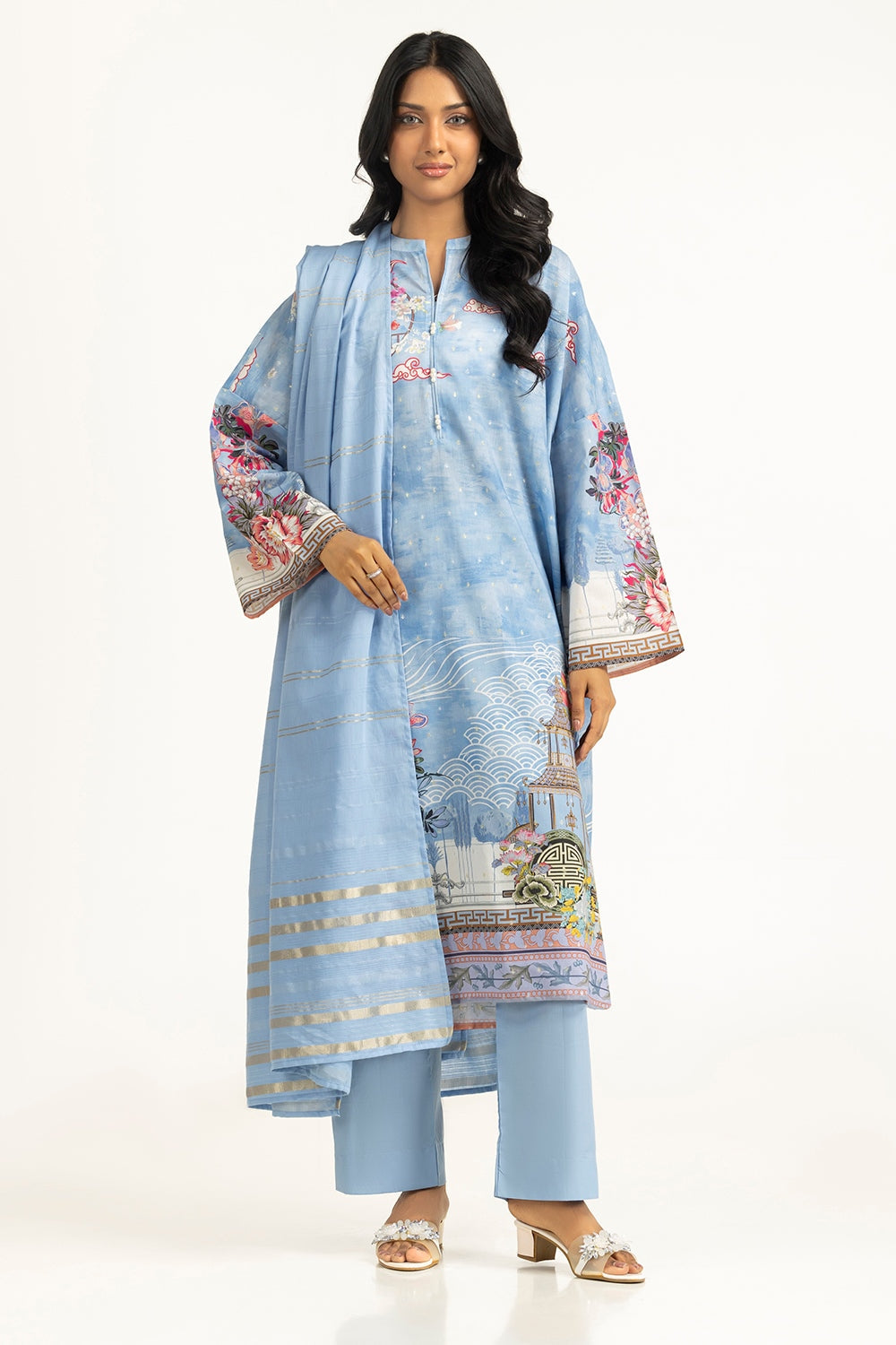 3Pc Lurex Jacquard Printed Suit
