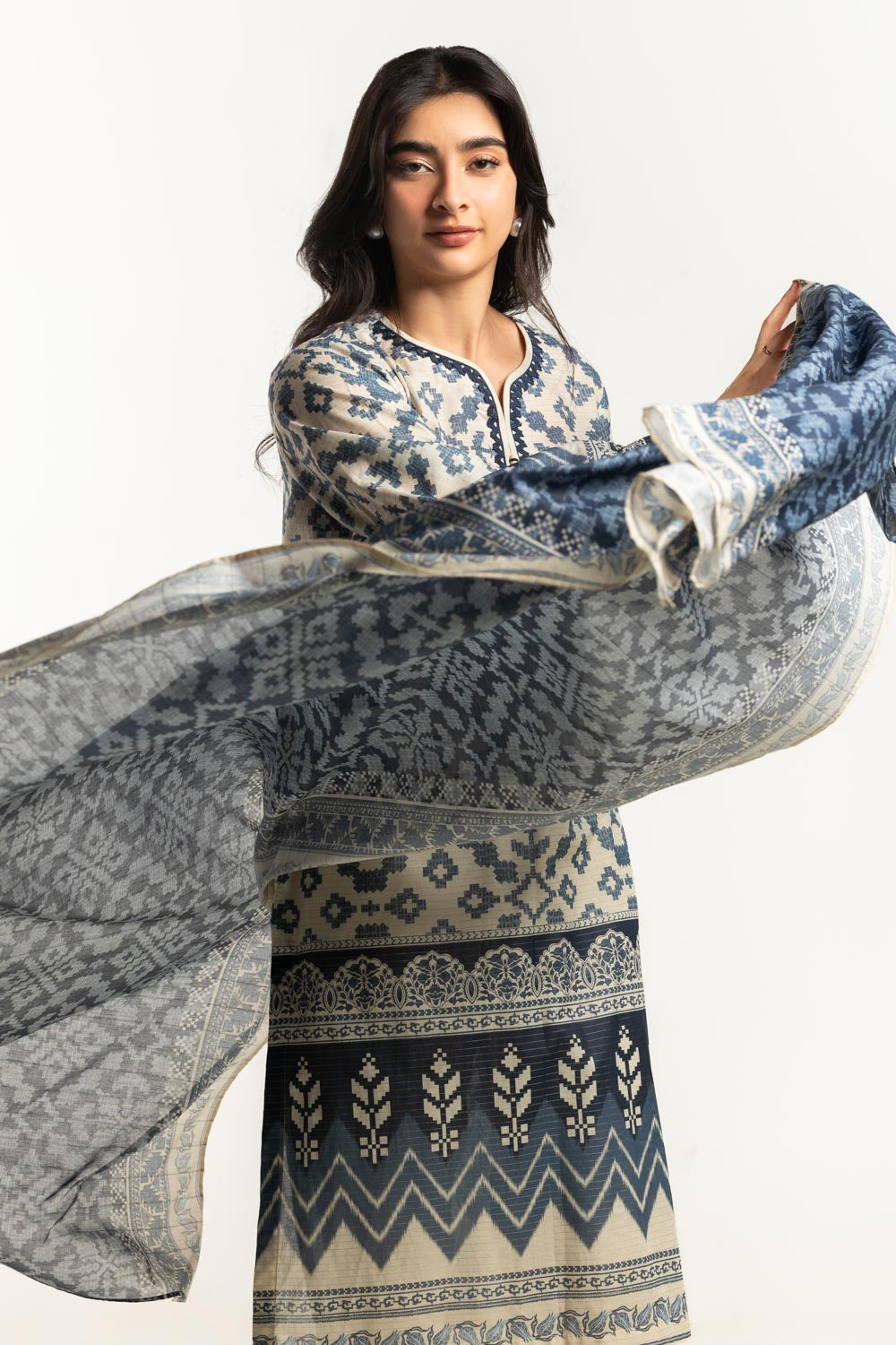 3Pc Mehsuri Stripe Lawn Printed Suit