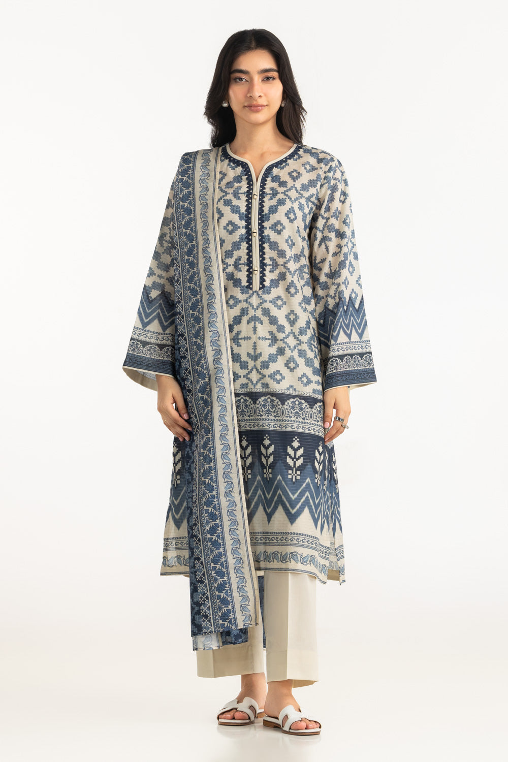 3Pc Mehsuri Stripe Lawn Printed Suit