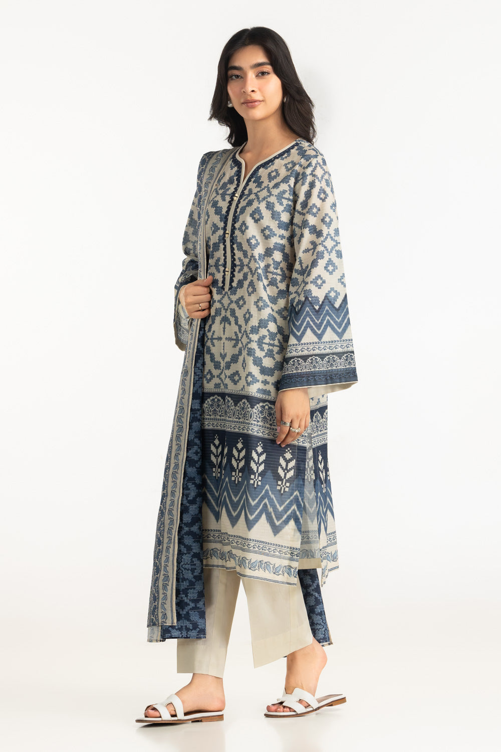 3Pc Mehsuri Stripe Lawn Printed Suit