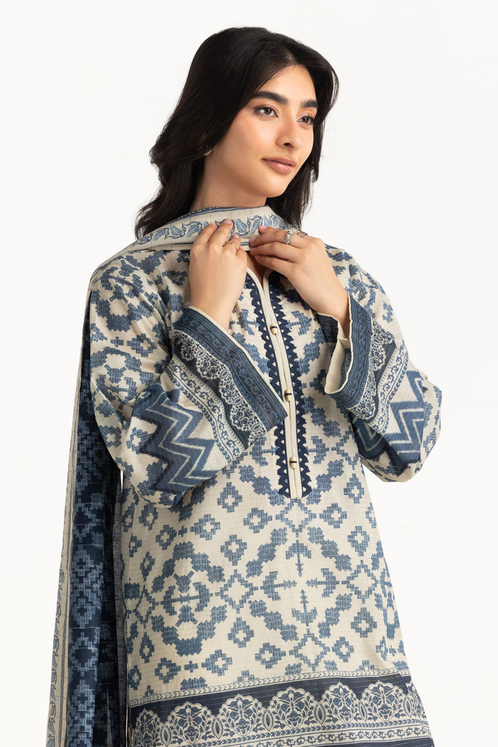 3Pc Mehsuri Stripe Lawn Printed Suit
