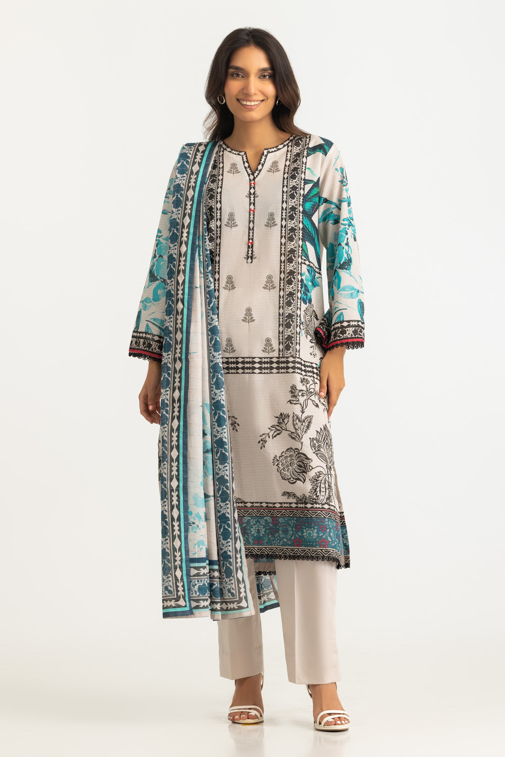 3Pc Mehsuri Stripe Lawn Printed Suit
