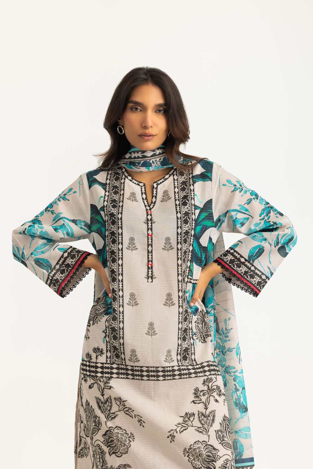 3Pc Mehsuri Stripe Lawn Printed Suit