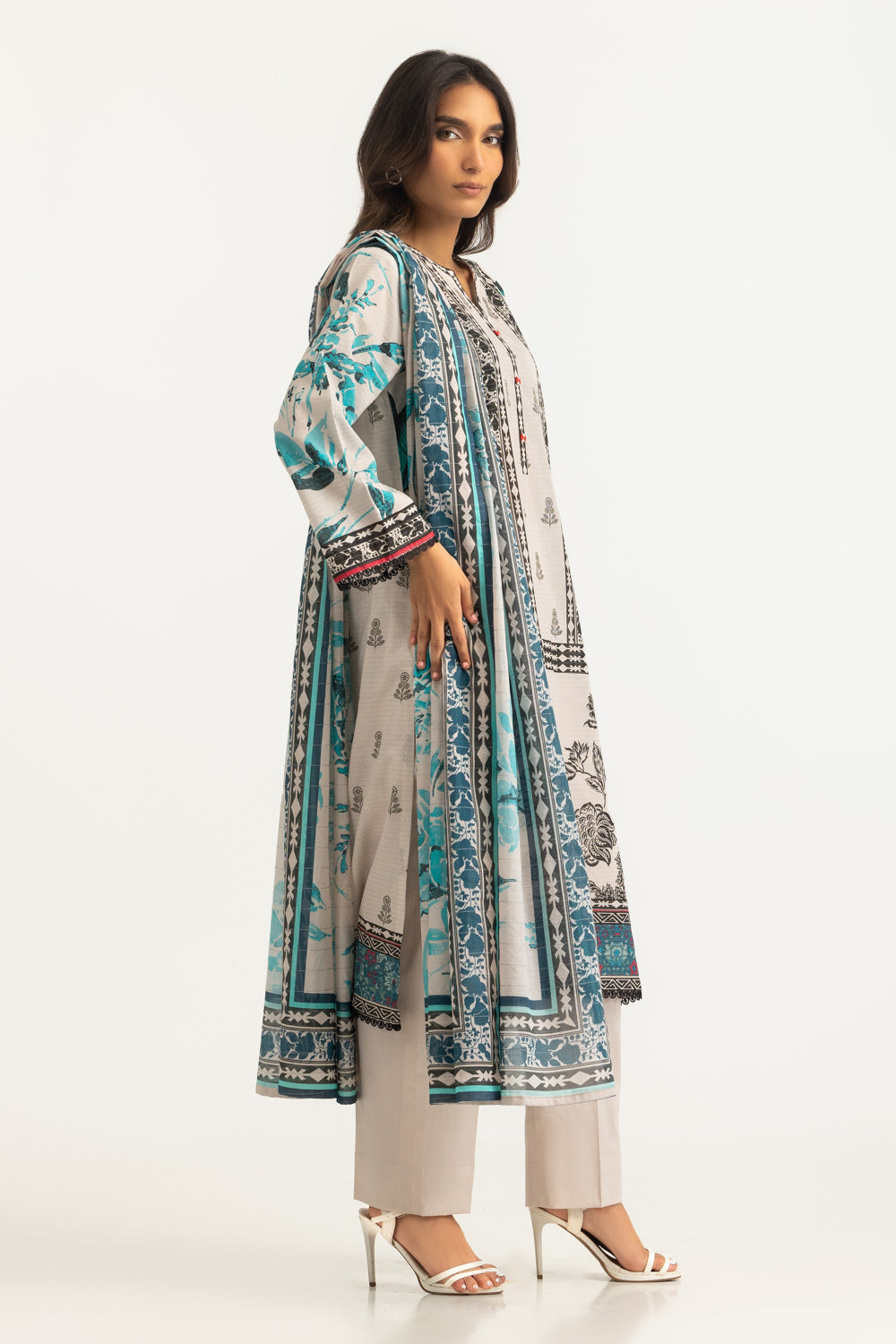 3Pc Mehsuri Stripe Lawn Printed Suit
