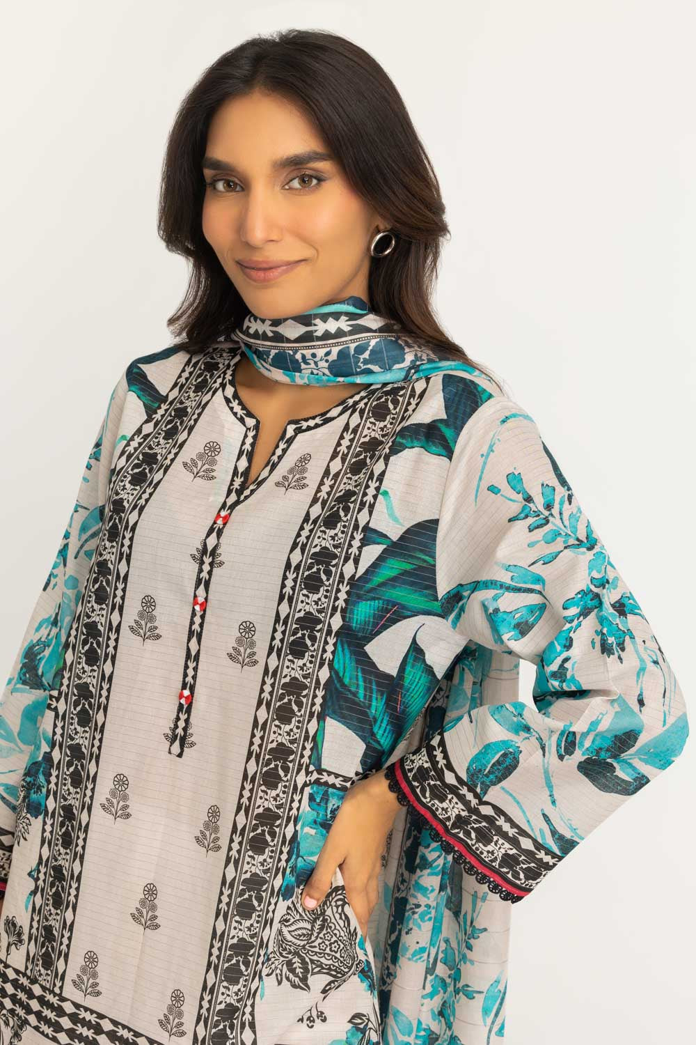 3Pc Mehsuri Stripe Lawn Printed Suit