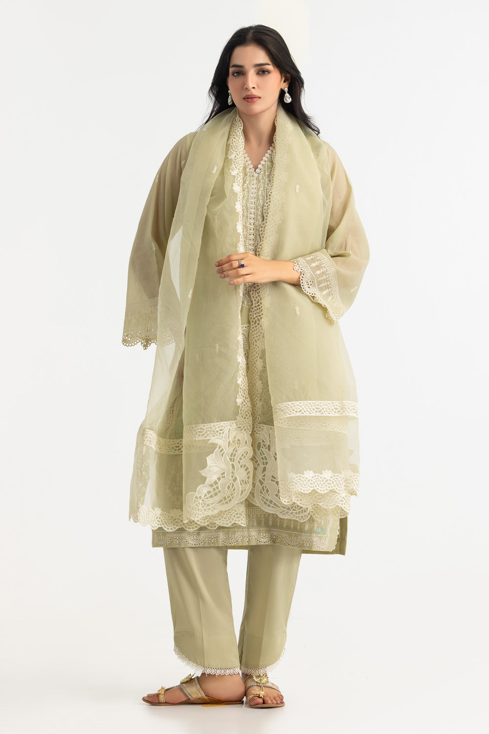 3Pc Paper Cotton Embroidered Suit