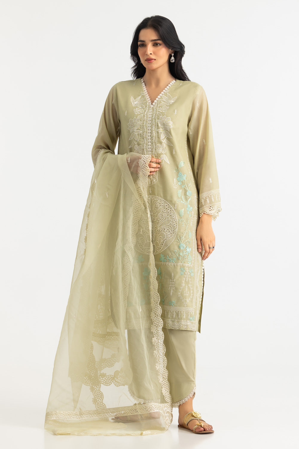 3Pc Paper Cotton Embroidered Suit