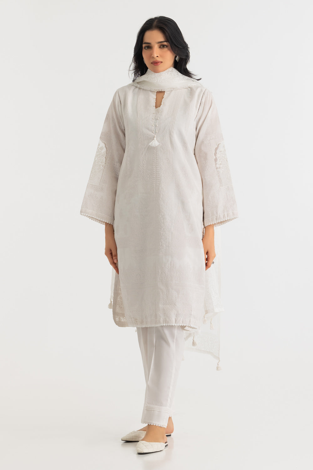 3Pc Paper Cotton Flock Printed Suit With Embroidered